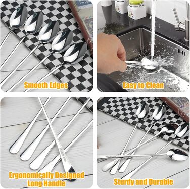 12 довгих ложок для лате макіато, 20 см: коктейльні, для морозива, кави, молочних коктейлів, десертів, нержавіюча сталь, придатні для миття в посудомийній машині