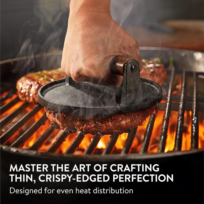 Navaris Smashed Burger Press - Cast Iron Burger Press - Prepare Burgers Healthy and Delicious - Grill Press - Meat Press - 17.5 x 17.5 cm - Round Cast Iron