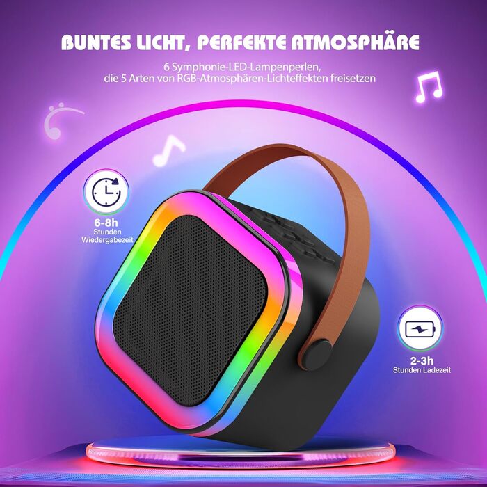 Караоке-машина для дітей 3-12 років Dislocati з 2 мікрофонами Bluetooth, портативна музична іграшка зі світлодіодним підсвічуванням, чорна