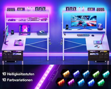 Ігровий стіл Coleshome L-подібної форми з LED-підсвічуванням та розетками, 135 × 100 см. Реверсивний кутовий стіл з полицями для зберігання, з сумкою для дому та ігор. (110×80 см, Білий)