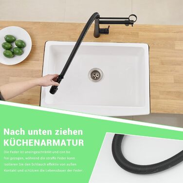 LED кухонний змішувач з спіральною пружиною, 360° обертання, 2 виходи, висувний, для кухні, з душем, високий тиск, матовий нікель, чорний (56.8 см)