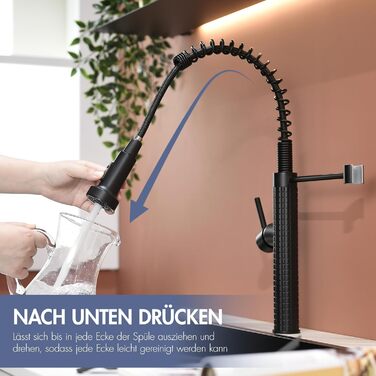 Сучасний кухонний змішувач з висувною лійкою AIMADI 360° з нержавіючої сталі, чорний/рожеве золото, для кухні