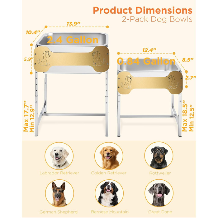 Підвищені годівниці для собак великих та гігантських порід, 2 шт., об'єм 10 л води та 4,5 л корму, 6 регульованих по висоті підставок, миски з нержавіючої сталі для великих собак, зняття навантаження на суглоби, легкі