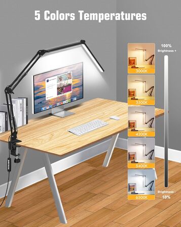 LED настільна лампа NOEVSBIG 24W з регулюванням яскравості, 5 режимів, таймер, сенсорне керування, кріплення, денне світло, сучасний дизайн