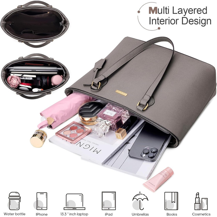 Bagsure Сумка жіноча (4 в 1): сумка-шопер, сумка на плече, ділова сумка для офісу, школи, подорожей (Сіра)