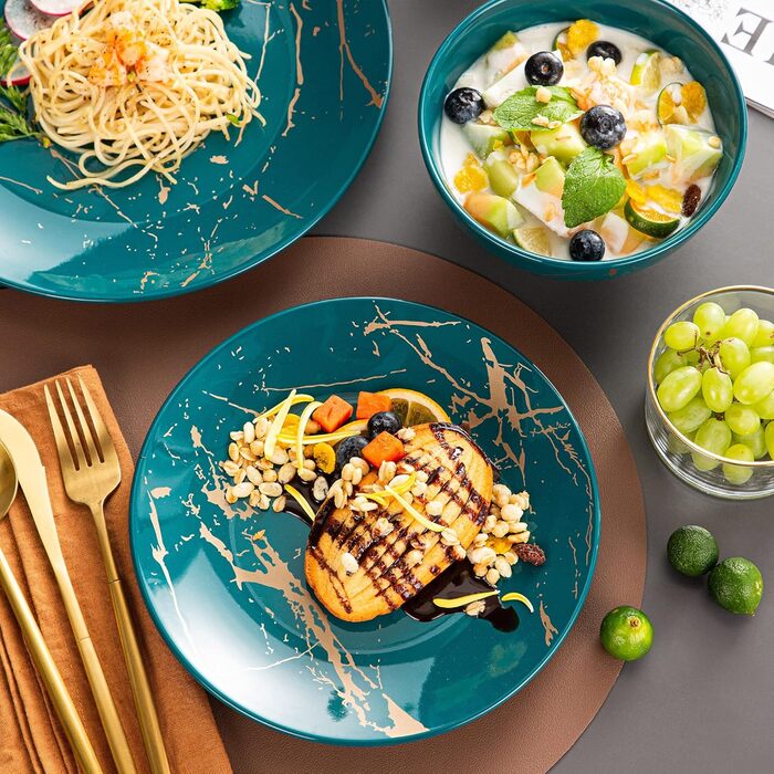 LOVECASA Набір посуду з порцеляни Sweet 16, 48-елементний сервіз, посуд для їжі з золотим декором, для 4-12 осіб, бірюзовий колір