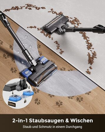 Бездротовий пилосос Proscenic P20 з функцією миття, 70KPa, 70 хв, 680W, самостійна док-станція, фільтр 6 шарів, 1,5л, для килимів та шерсті домашніх тварин, Aurum Black