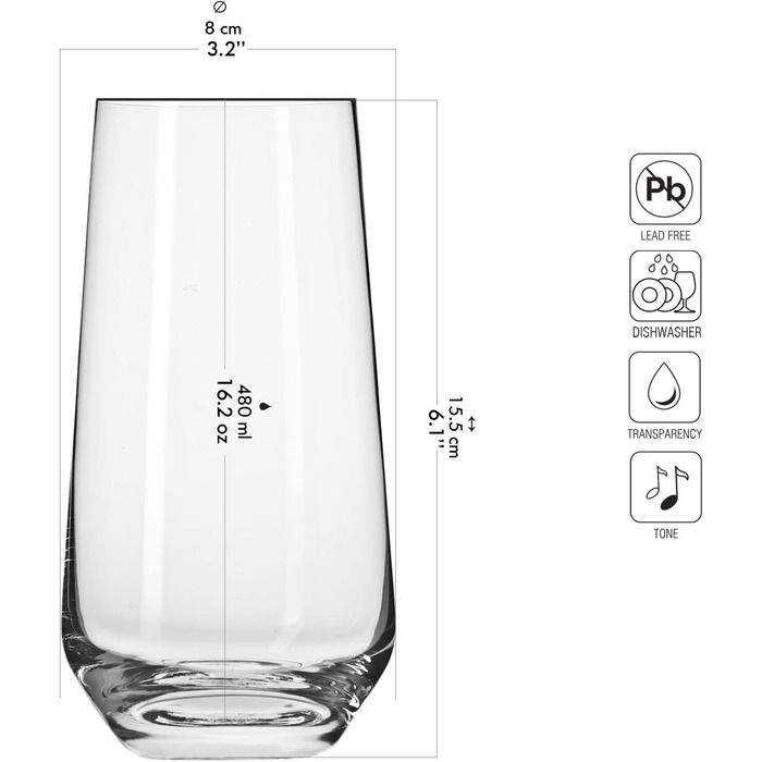 Krosno Water Glasses Highball Glasses Drinking Glasses | Set of 6 | 480 ML | Splendour Collection | Perfect for home, restaurants, and parties | Dishwasher safe