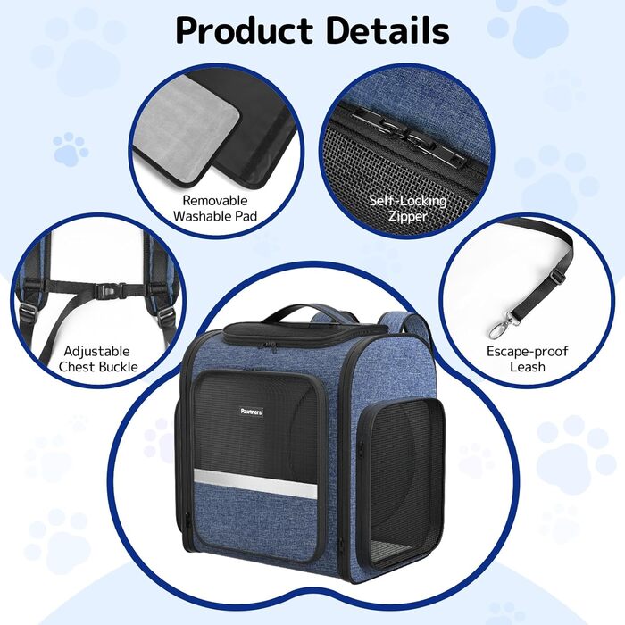 Рюкзак для кота Pawtners з розширеним тунелем для ігор, схвалений авіакомпаніями, для собак та котів до 11,3 кг, складаний, блакитний (40 x 32 x 38 см)