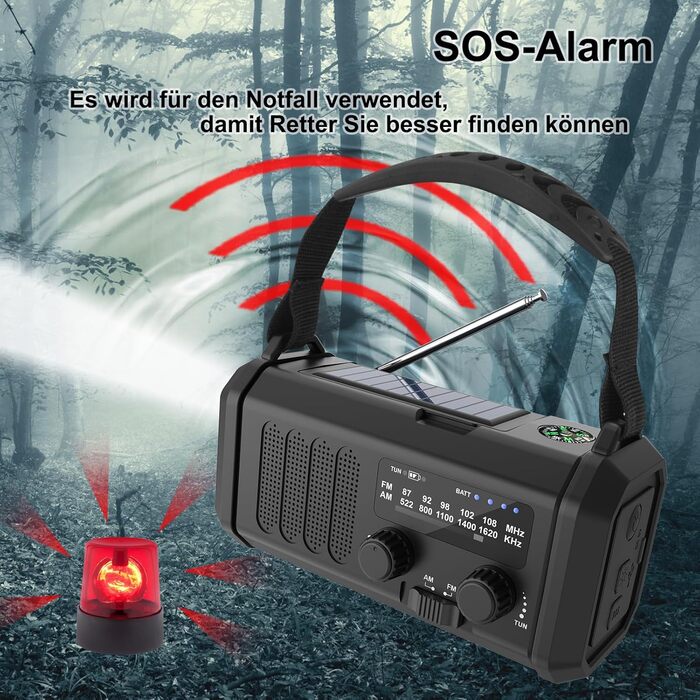 Радіо Solar Radio на сонячних батареях з ручним заводом AM/FM, Powerbank 20000mAh, ліхтарик LED, SOS-сигнал, USB-C зарядка для телефону, чорне – для кемпінгу та активного відпочинку