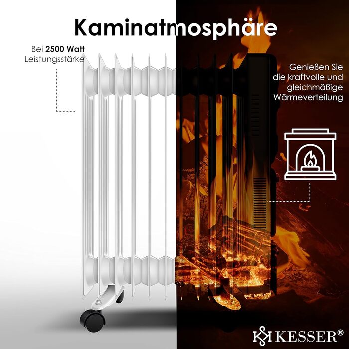 Електричний масляний радіатор KESSER® 2500W з вентилятором, 11 ребер, білий. Масляний обігрівач з таймером, регулюванням температури та захистом від перегріву.