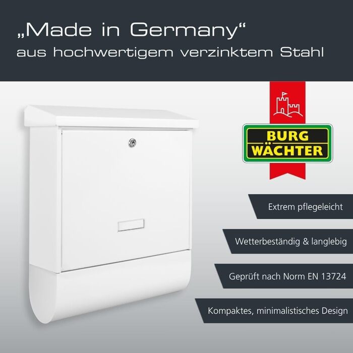 Поштовий ящик Burg-Wächter AMZ 2500 NI з газетницею та табличкою для імені, нержавіюча сталь, формат DIN C4, 2 ключі, білий