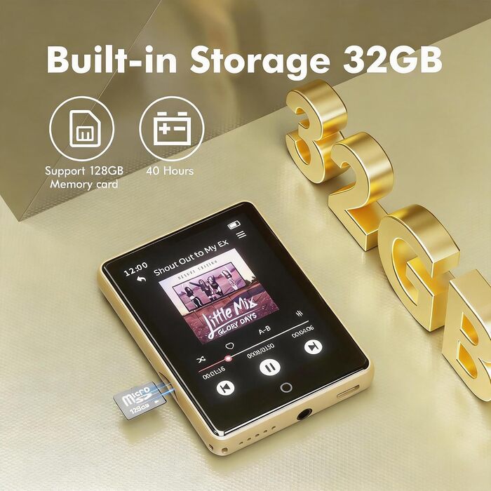 MP3-плеєр 32GB з Bluetooth 5.3 та динаміком, портативний Hi-Fi плеєр для дітей з 2.8-дюймовим сенсорним екраном, FM-радіо та диктофоном, підтримка TF-карт до 128GB (Золотий)