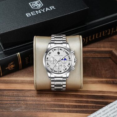 Годинник BENYAR для чоловіків: Хронограф, аналоговий кварц, водостійкий, з датою. Елегантний бізнес-стиль, ідеальний подарунок. Срібний браслет, біле циферблат.