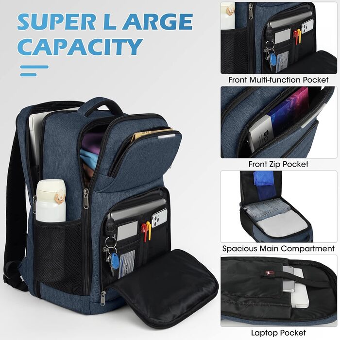 Рюкзак NEWHEY для чоловіків та жінок: великий, для ноутбука, з USB-портом, водонепроникний, бізнес/школа (синій)
