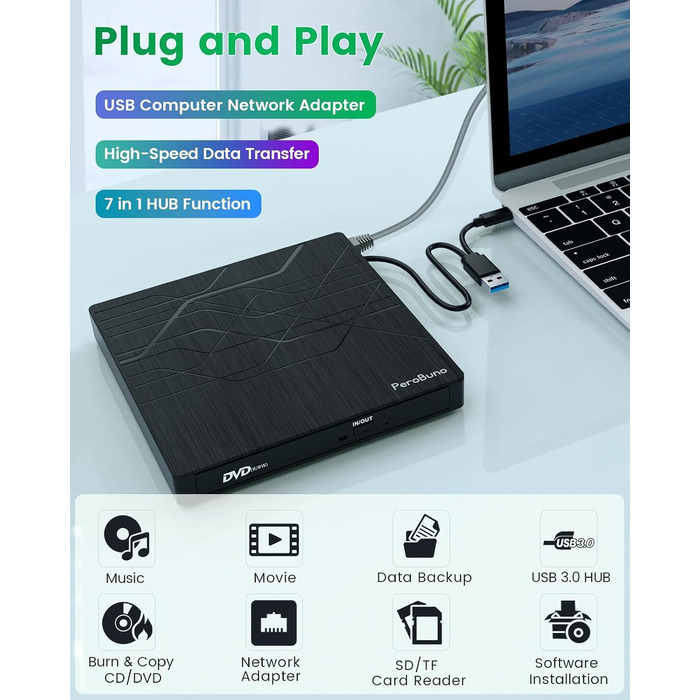 Зовнішній DVD-привід PeroBuno USB 3.0 Type-C, CD/DVD ROM +/-RW, ультратонкий оптичний накопичувач та записник для ноутбука, ПК, MacBook (Windows, Linux, macOS)