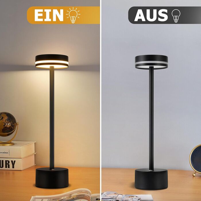 Настільна LED лампа акумуляторна 2 в 1 Schwarz - бездротова нічна лампа з димером, USB-C зарядка, сенсорне керування, для спальні, вітальні, офісу - чорна