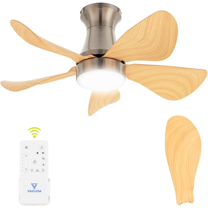 Стеляний вентилятор з підсвіткою для спальні: 76 см, тихий вентилятор з пультом дистанційного керування для вітальні, реверсивний DC-двигун, імітація натурального дерева, 5 лопатей, таймер, VV, шпон дерева
