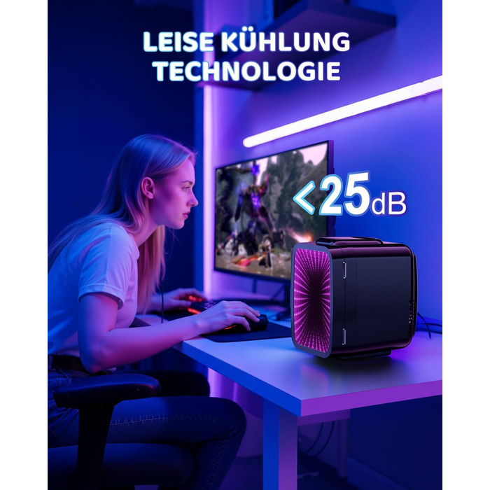 Міні холодильник MF01C з 7 режимами підсвічування та ефектом миготливої вивіски, тиха функція охолодження/підігріву, AC/DC, 4L/6 банок, для ігрової кімнати, спальні, офісу та авто, чорний