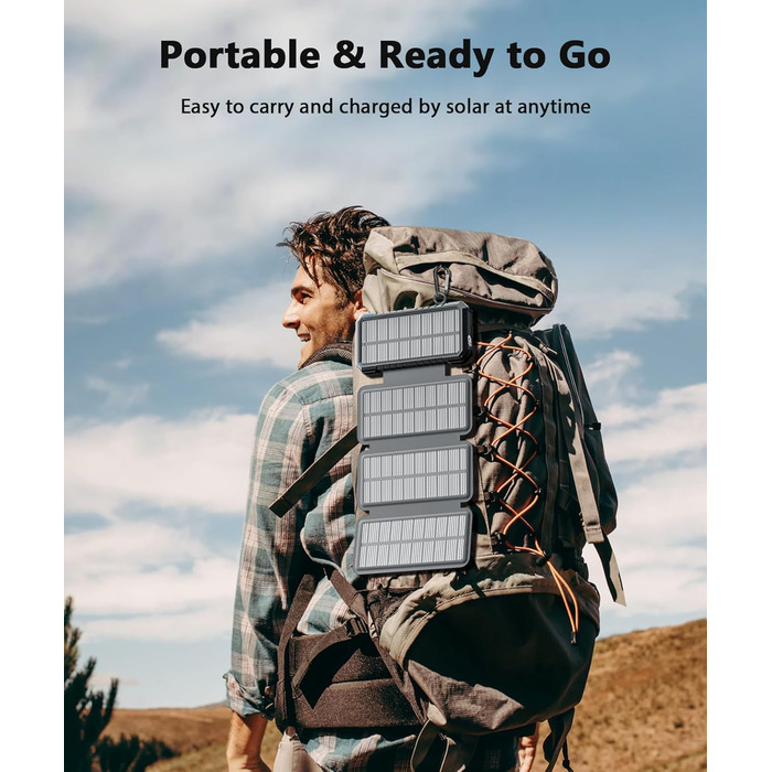 Сонячний Power Bank WASTDE 26800mAh з сонячною панеллю, чорний: зарядний пристрій для телефону, планшета, з ліхтариком (SOS), водонепроникний, для кемпінгу та подорожей