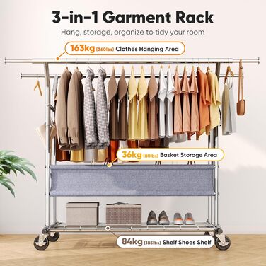 Вішалка для одягу HOKEEPER на коліщатках, вантажопідйомність 204 кг, висувна штанга для одягу