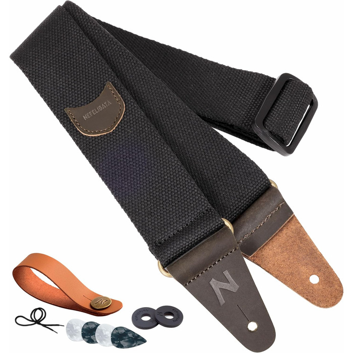 Гітарний ремінь Nefelibata з кишенькою для медіаторів, шкіряні кінці, для бас, електро- та акустичної гітари, з безкоштовними фіксаторами, 1 пара замків та 4 медіатори, чорний