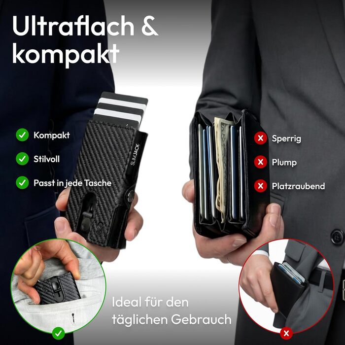 Slimjack Smart Wallet: RFID захист, алюмінієвий картхолдер для чоловіків (Carbon). Гаманець для карт та монет