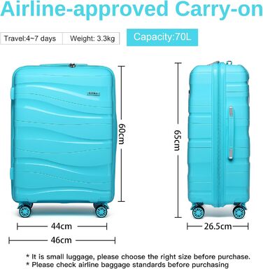 KONO Чемодан середнього розміру 65см з поліпропілену, з TSA замком, 65x46x26.5см (Крем-білий)