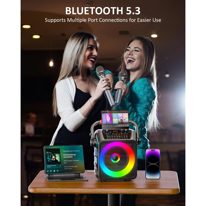Портативна караоке-машина з 2 мікрофонами та LED-підсвіткою, Bluetooth, AUX, USB, TF, TWS, для вечірок та подарунків (дорослим та дітям)