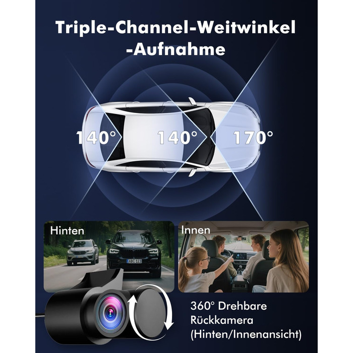 Відеореєстратор для авто 3-Kanal 4K UHD + Full HD (передня 170°, задня 140°, внутрішня 140°) з GPS, WiFi 6, нічним баченням HDR/WDR, 24/7 паркування, 64GB карта пам'яті