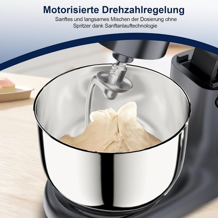 Кухонна машина Camic з LED-дисплеєм, 10 швидкостей, 3 насадками (діядовий, міксер, вінчик) та 2 чашами з нержавіючої сталі 4Л та 5Л для тіста, хліба та тортів, сіра