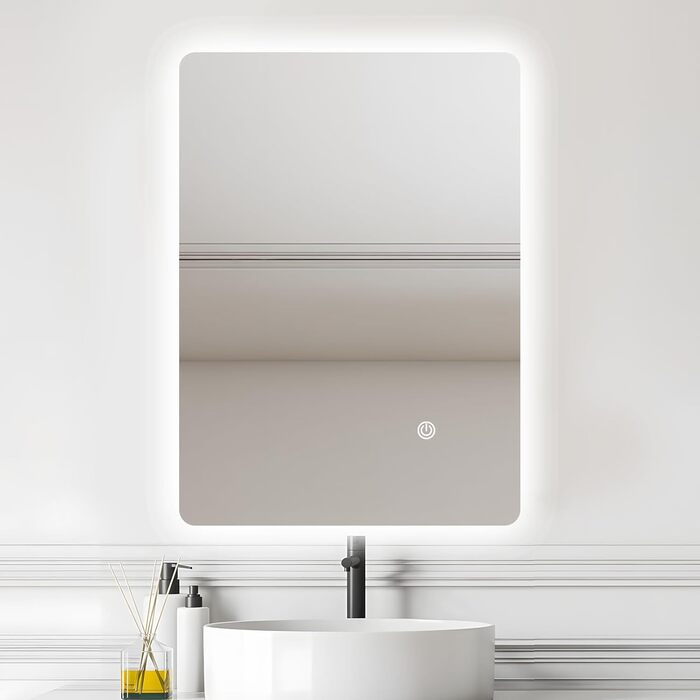 Дзеркало для ванної кімнати LED 50x70 см з підсвічуванням, сенсорне керування, регулювання яскравості, 3 кольори світла, без рамки