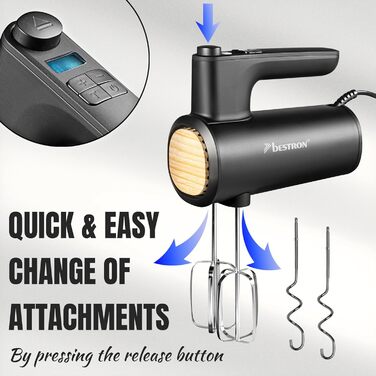 Міксер ручний Bestron Power з 6 швидкостями, Turbo-функцією та LCD-дисплеєм. В комплекті: 2 вінчики та 2 гаки для тіста. Легкий (1 кг), колір: чорний/дерево