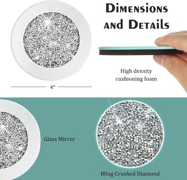 7-Piece Glass Coaster Set, 6 Crystal Coasters with Holder for Drinks, Silver, Glitter, Table, Bar Accessories (round)