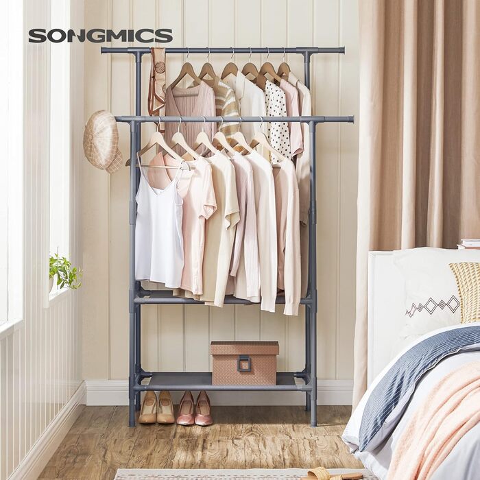 SONGMICS Стійка для одягу металева, з 2 перекладинами та 2 полицями, біла, до 70 кг, RDR02WT (Сірий)