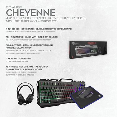 Ігровий набір White Shark Cheyenne 4-в-1: миша з LED-підсвічуванням, клавіатура з Anti-Ghosting, гарнітура з мікрофоном та килимок для миші, чорний