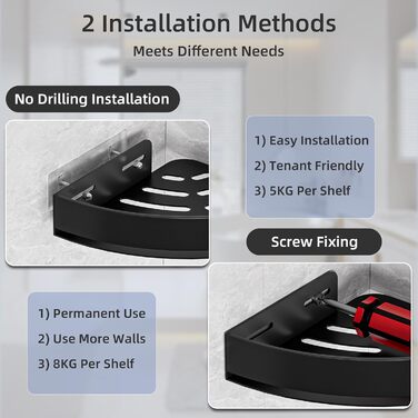 Поличка для душу без свердління, кутова, з нержавіючої сталі, з алюмінію, чорна - 2 шт.