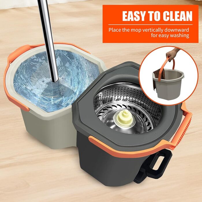 Набір для миття підлоги з відром, моп з функцією віджиму, складне відро з педаллю та 2-камерним відром, повний набір з 3 мікрофібрових насадок для ламінату, паркету та плитки (темно-сірий)