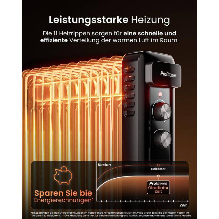 Pro Breeze 2500W Mini Oil Radiator with 11 Fins, Electric Heater, 24h Timer, Energy-Saving Oil Radiator, 3 Heating Levels, Adjustable Thermostat & Safety Shut-off Function - Black