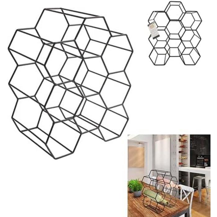 Home Deco Factory KA3041 Wine Rack, Black Metal Mesh, Storage for 9 Bottles, One Size