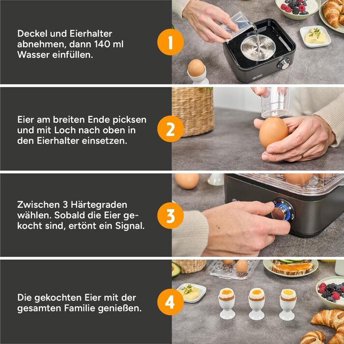 Яйцеварка First Austria TZS Grey - 8 яєць, 4 режими, функція приготування на пару, автовимкнення, захист від перегріву, мірна склянка та формочки для яєць