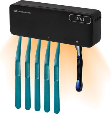 UV Toothbrush Sanitizer with 6 Toothbrush Brush Slots, UV Disinfection Toothbrush Holder with Drying, 2000mAh USB Rechargeable Toothbrush Sanitizer Holder Wall Mounted with 3 Modes for Bathrooms (White) (Black)