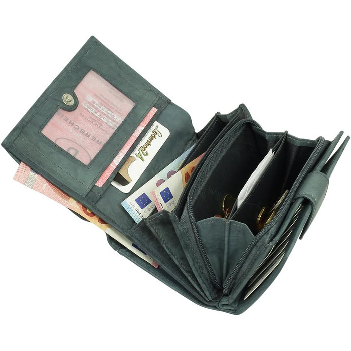 Ledershop24 RFID Women's Leather Wallet, Women's Purse, Women's Money Wallet - Long Blue-Gray Leather - Gift Set + Exclusive Key Chain