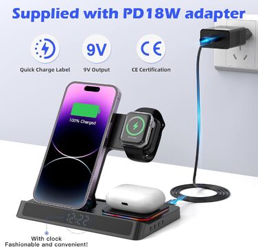 База зарядки 4-в-1 для iPhone та Apple Watch: бездротова зарядка 15W, складна, індуктивна, сумісна з iPhone 16/15/14/13/12/11 Pro SE X XS XR та Apple Watch 9/8/7/6/SE/5/4/3/2, AirPods Pro