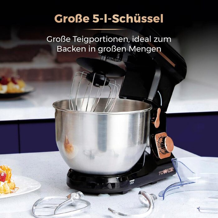 Tower 1000W 3-in-1 Stand Mixer with 6 Speed Settings & Pulse - Rose Gold