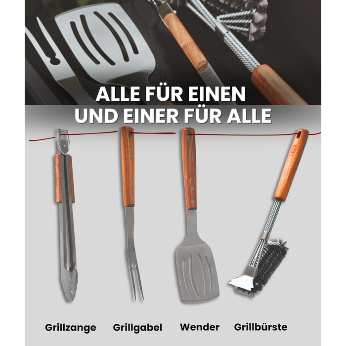 Набір гриль-посуду LEÓN Goods®: щипці, лопатка, виделка, щітка для гриля (4 шт.) з нержавіючої сталі та акації, для газових грилів. Ідеальний подарунок для гриля!