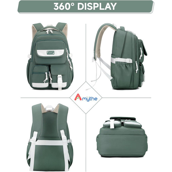 Дитячий рюкзак для підлітка, шкільний рюкзак для дівчинки з багатьма відділеннями, рюкзак для учнів 3-5 класів, середньої та старшої школи, нейлоновий рюкзак для подорожей та відпочинку (зелений)