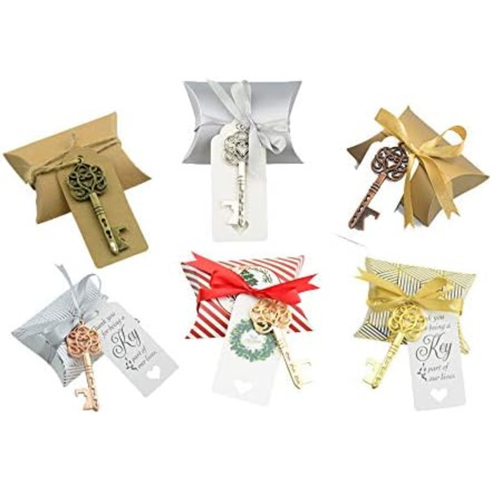 Makhry 50 Pcs Vintage Key Bottle Openers Wedding Key Skeleton Key Bottle Openers Wedding Favors Set with Pillow Boxes and Tag (Antique Silver)
