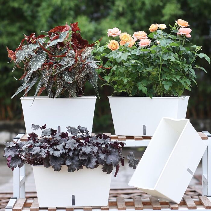 Самополивні прямокутні квіткові горщики Blumenkasten, 6 шт., з дренажними отворами та вентиляційними піддонами, для овочів, квітів, для підвіконня, тераси, балкона, саду, білого кольору