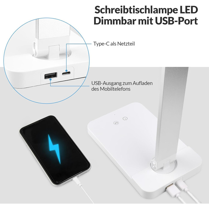 LED лампа настільна диммерна, 5 кольорів та 3 рівні яскравості, для читання, дітей, офісу, USB-порт, чорна (MT-856)